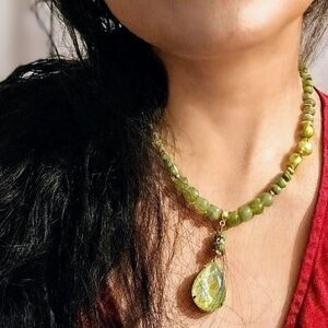 Green Parrot Jade & Czech Picasso Beads And Pearl W/ Swarovski Pendant Necklace